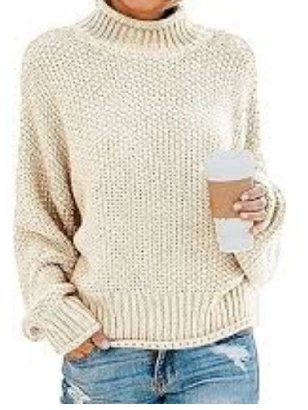 TECREW Cream Chunky Knit Crewneck Sweater